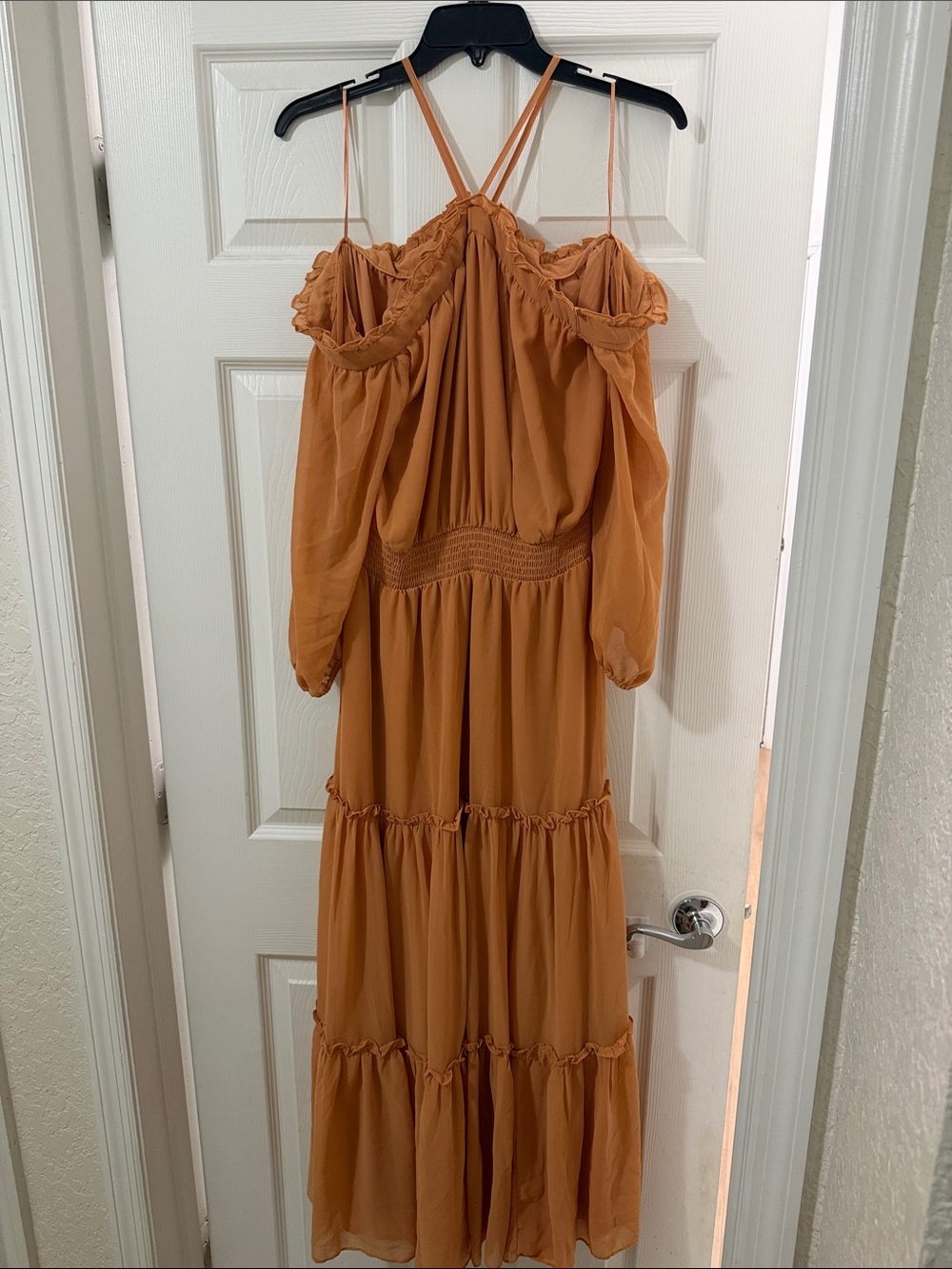 1. State Rust Orange Cold-Shoulder Tiered Maxi with Spaghetti Straps